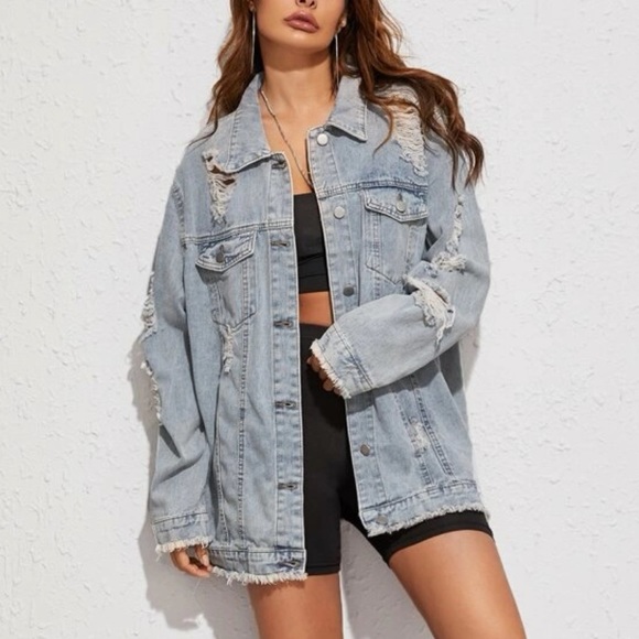 Denim jean jacket distressed ripped blue button collar long sleeve womens - Picture 4 of 5